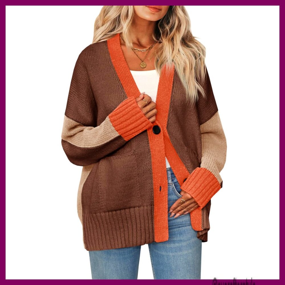 Oversized V-Neck Cardigan, Open Front, Chunky Knit, Long Sleeve, Button Down